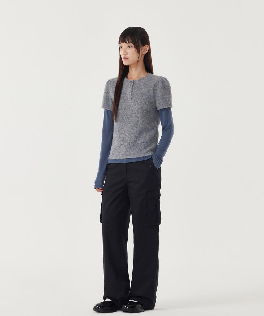 COVERNAT WOMAN Henley Neck Layered Long Sleeve Melange Gray