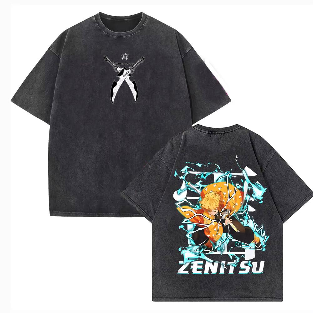 Demon Slayer  Anime Printed Tshirt Mens and Womens Washed Tshirt High Quality Vintage Cotton Tshirt Harajuku YK Top