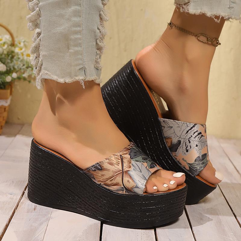 Модные женские тапочки с принтом на платформе, летние пляжные босоножки на танкетке, женские нескользящие шлепанцы с толстой подошвой, большие размеры