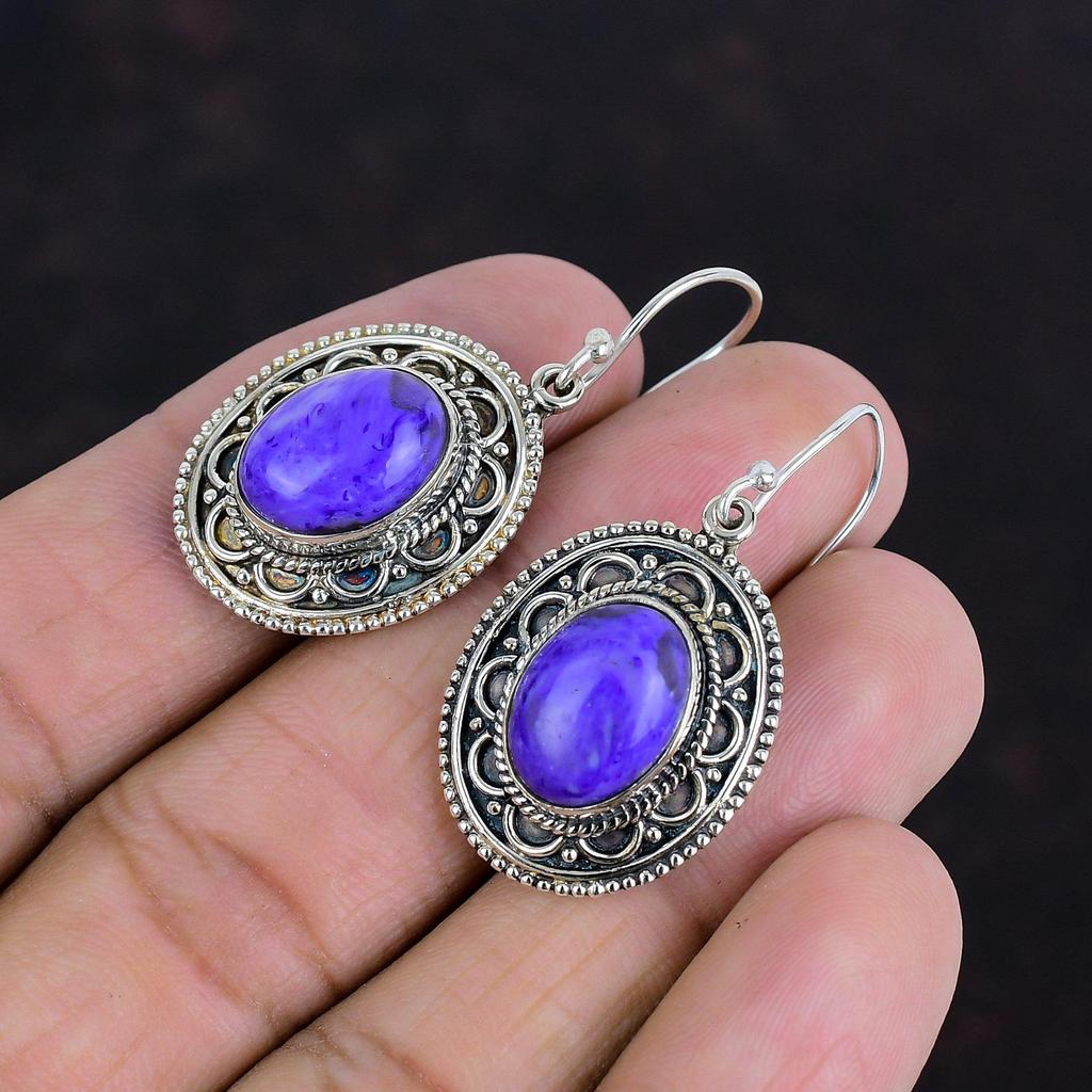 Серьги из чароита, натуральные драгоценные камни, винтажные серьги, новейшие дизайнерские украшения, серьги из стерлингового серебра 925 пробы, серьги ручной работы, подарки для жены