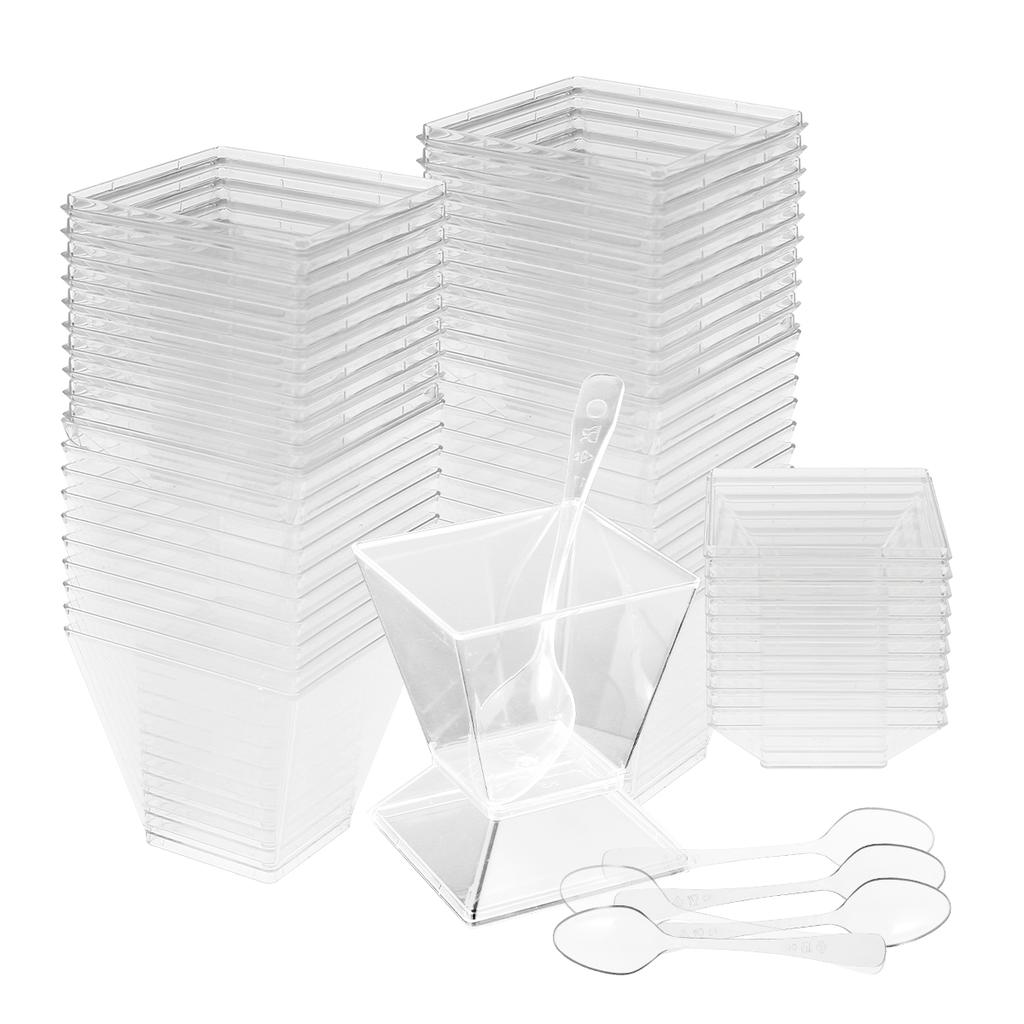 50 Mini 2 Oz/60 Ml Dessert Cups with Covered Spoons Reusable Dessert Cups Transparent Plastic Frozen Cake Appetizer Cups