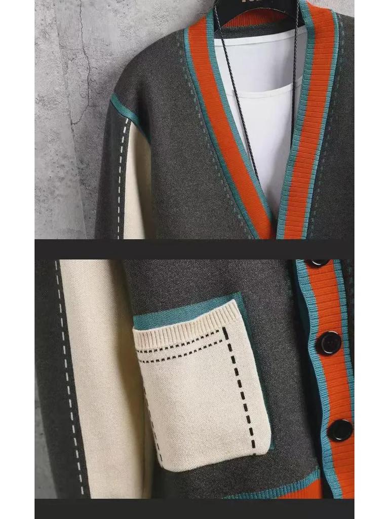 Мужской вязаный кардиган с V-образным вырезом - мода весна/осень 2024 г., свитер с цветными блоками, куртка в стиле панк