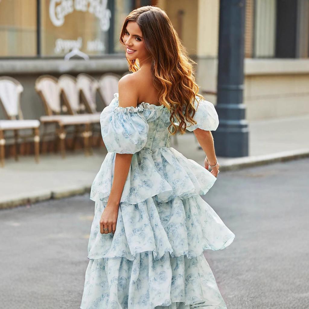 Идиллическое сладкое платье-торт Европейские и американские пышные короткие рукава шнуровка на талии однотонное цветочное платье-фея длинное платье