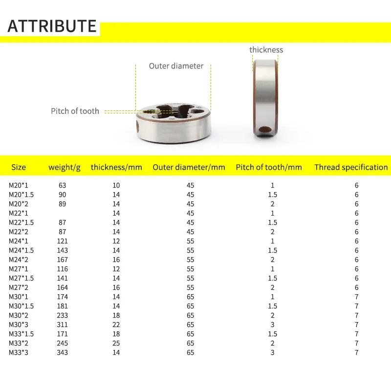 Die Alloy Steel  Fine Tooth Round Dies Threading Cutting Tool M3*0.35 M4*0.5 M6*0.75 M8*1 M10*0.75 M12*0.75 M14*1 M24*1 M30*1.5