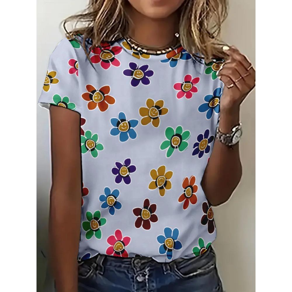 Богемный стиль Красочные цветы Женские футболки Новые летние пляжные повседневные топы для вечеринок Футболки для девочек Милая футболка с коротким рукавом для леди