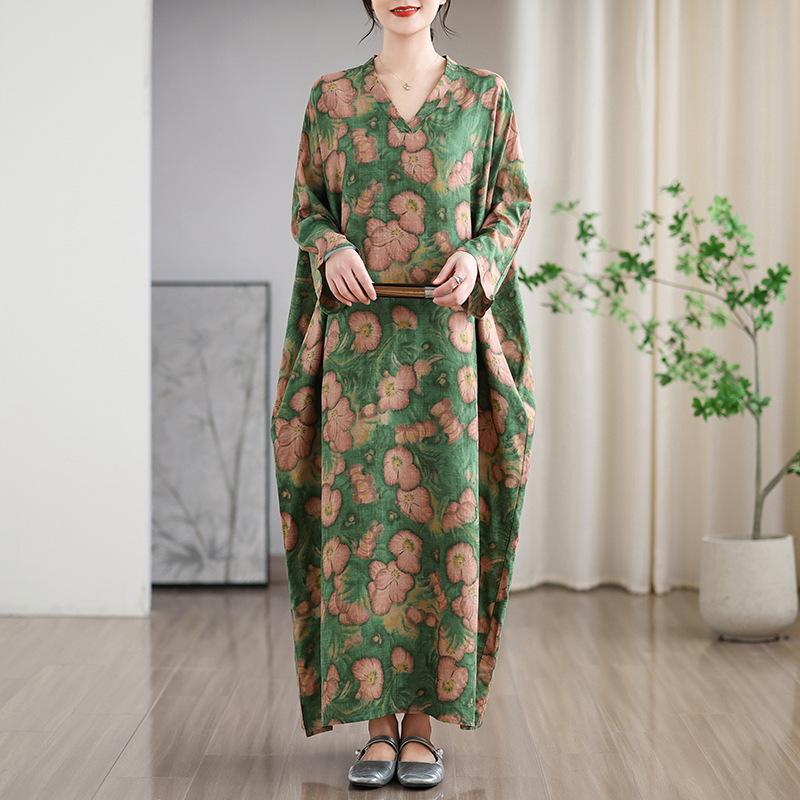 Ранняя весна отпуск стиль туризм V-образный вырез художественный ретро свободный повседневный средней длины закрытое платье