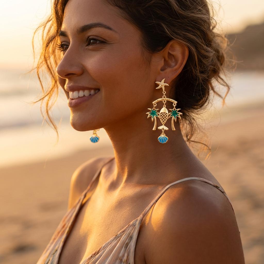 Seaside Vacation Starfish Fish Conch Dangle Earrings for Women Bohemian Coconut Tree Scallops Earring Summer Beach Party Jewelry