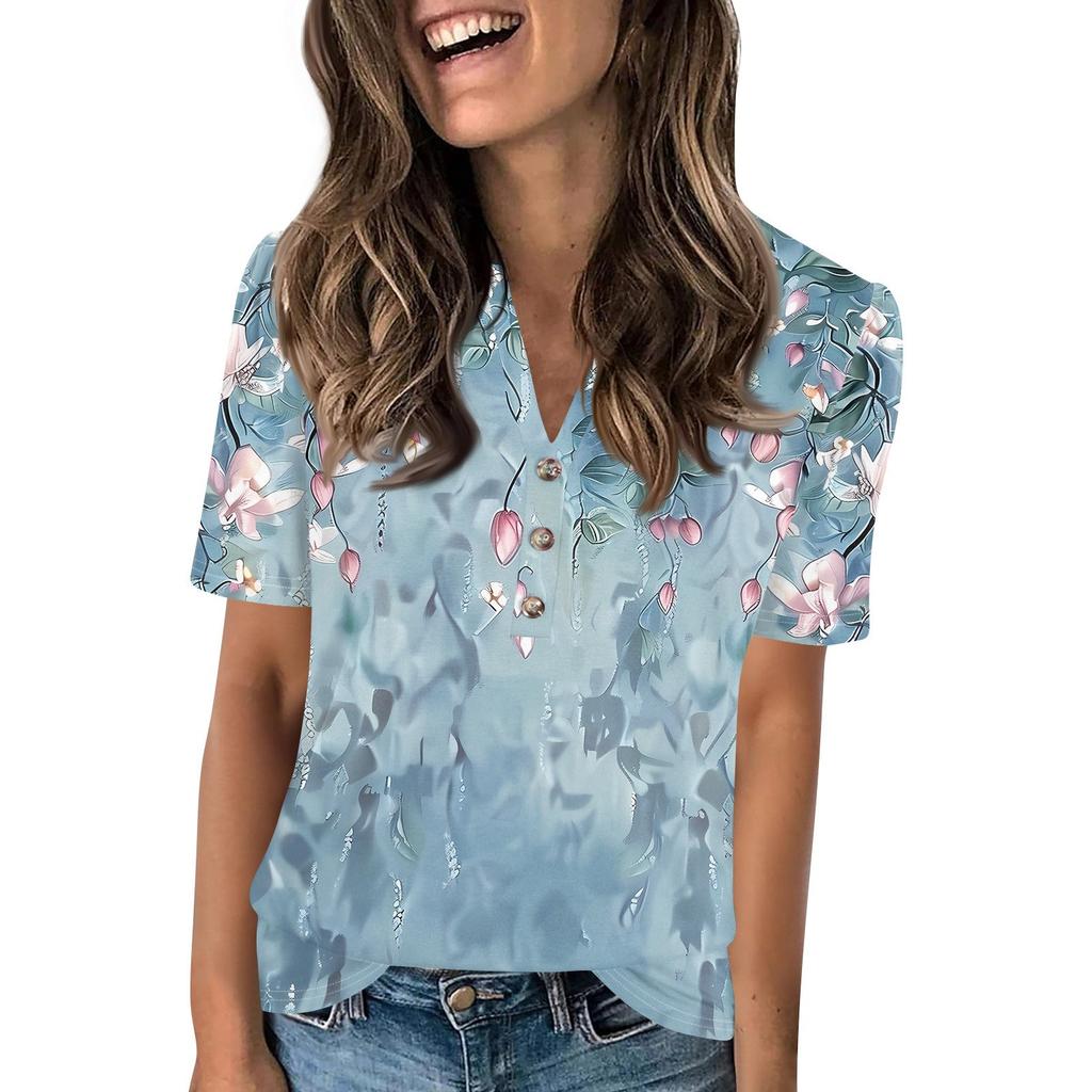 Женский модный повседневный свитер с коротким рукавом и принтом на пуговицах и V-образным вырезом