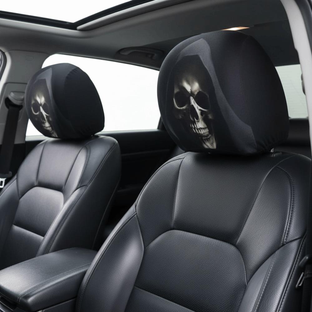 1pair Elastic Fabric Skeleton Car Pillowcase Universal Fit Halloween Auto Slipcover  Punk Drivers