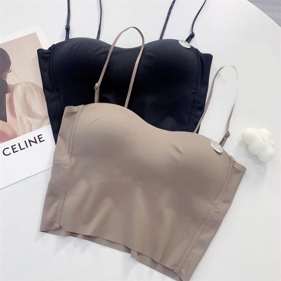 Yousheng Ice Silk Sling Vest with Chest Pad Adjustable Straps Beautiful Back Camisole Top Elastic Fabric Bottoming Tops