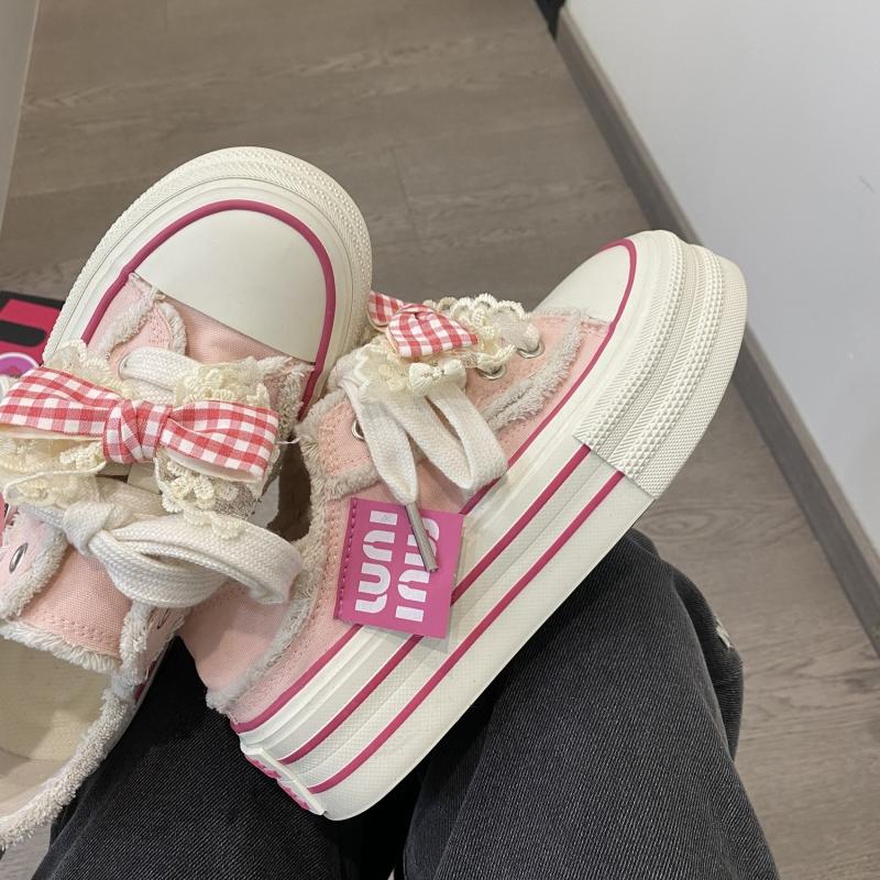 2024 парусиновые туфли женские кроссовки на толстой подошве новые повседневные туфли с бантами женские белые туфли для скейтбординга на шнуровке