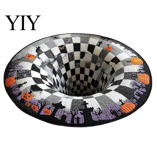 Durable Decorative Home Accents 3D Halloween Rug, Bottomless Pit Illusion Quilted Look Floor Seasonal Festive Area Carpet Mat, Non-Slip Spooky Rug for