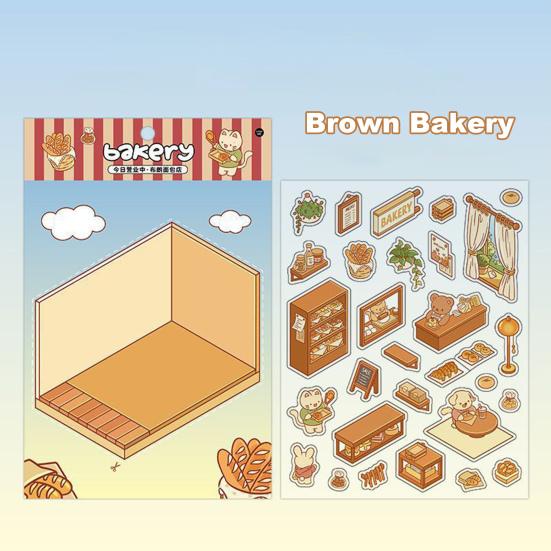 4 Set 3D DIY House Scene Stickers Stress Relief Decals Supermarket Coffee Shop