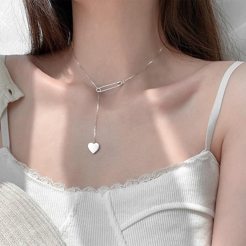 New 925 Sterling Silver Heart Shape Charm Pendant Choker Necklace For Girl Women Statement Wedding Jewelry Dz457