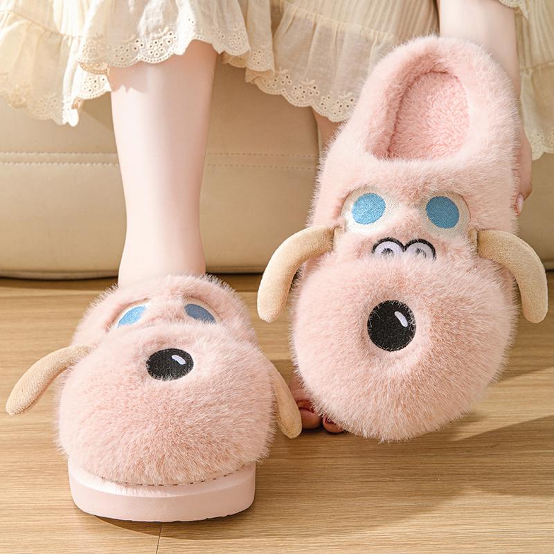 Модные кавайные мультяшные пушистые тапочки с изображением собак для женщин, зимние новые плюшевые теплые уютные домашние туфли для женщин, мягкие удобные пушистые домашние тапочки 2024