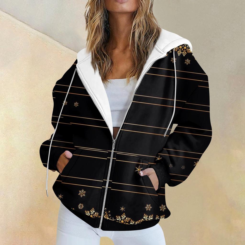 Женская модная повседневная толстовка с рождественским принтом и длинными рукавами, карманная куртка, пальто с капюшоном на молнии