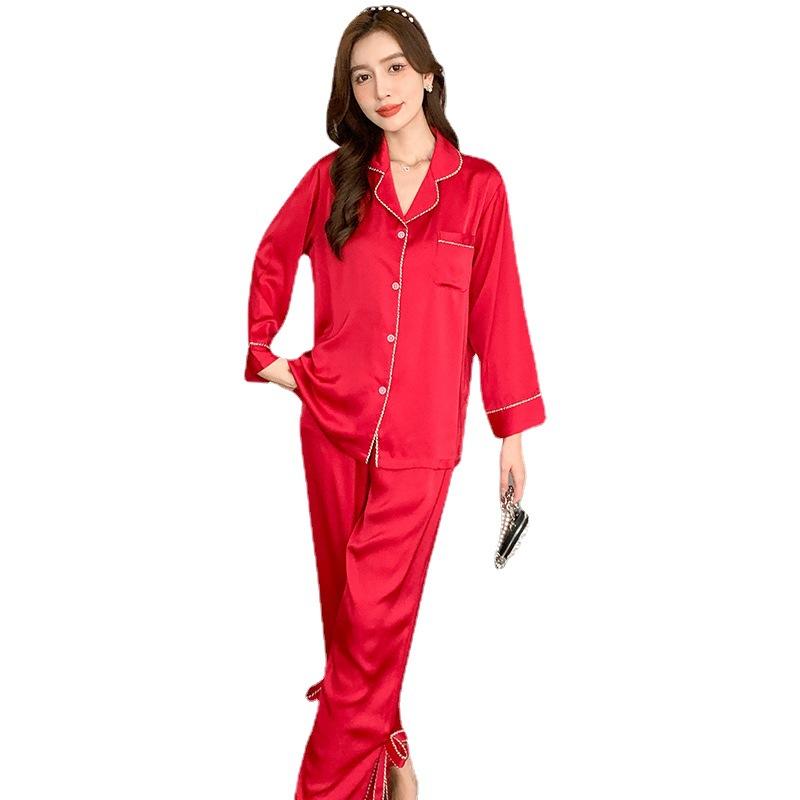 Red pajamas women's ice silk long-sleeved spring and autumn cardigan birth year new wedding dowry festive loungewear set winter 1119