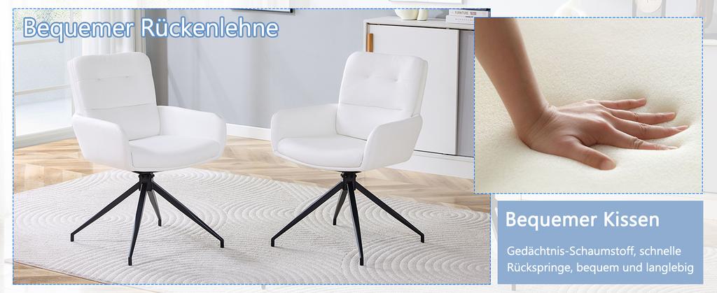 [Set of 2] European swivel chair in light luxury design: White PU coating + black metal legs, 360 degrees silent swivel