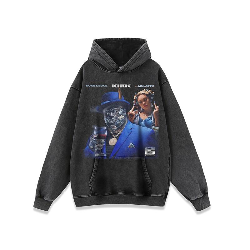 Unisex Oversized Washed Vintage Print Hoodie Streetwear Casual Long Sleeve Cotton Sweatshirt Men Women