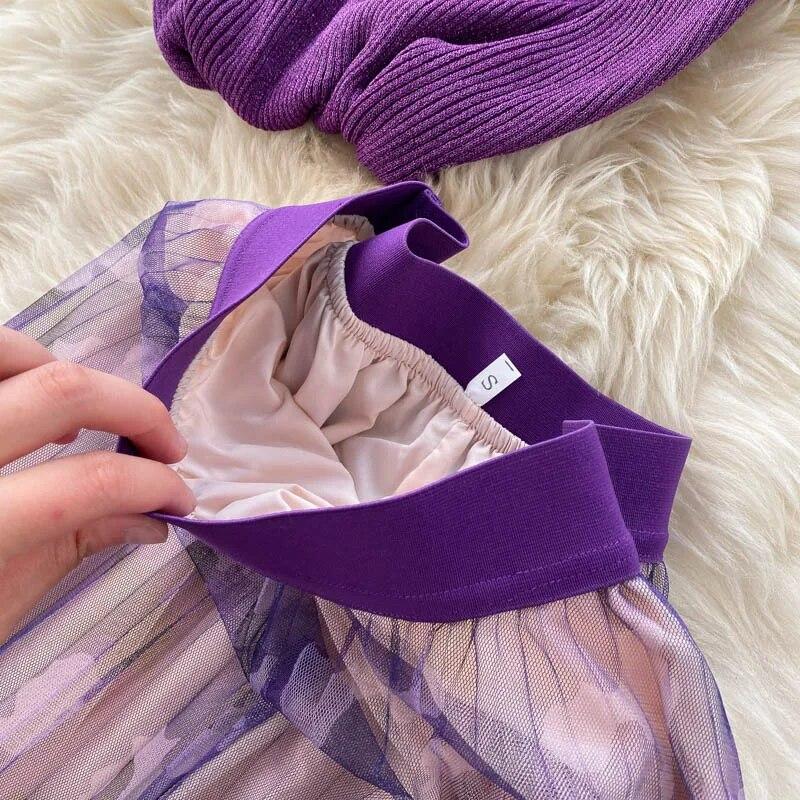 Новый летний повседневный комплект из двух предметов, женский вязаный свитер с рукавами-бабочками из люрекса, пуловер, длинная юбка-миди с принтом, костюм