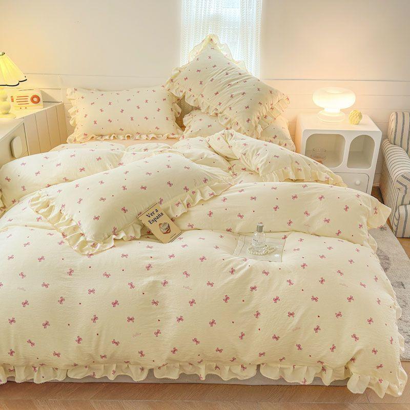 Ins Strawberry Bedding Set Spring Summer Soft Ruffles Princess Floral Duvet Cover No Filler Pillowcase Bed Sheet Quilt Cover