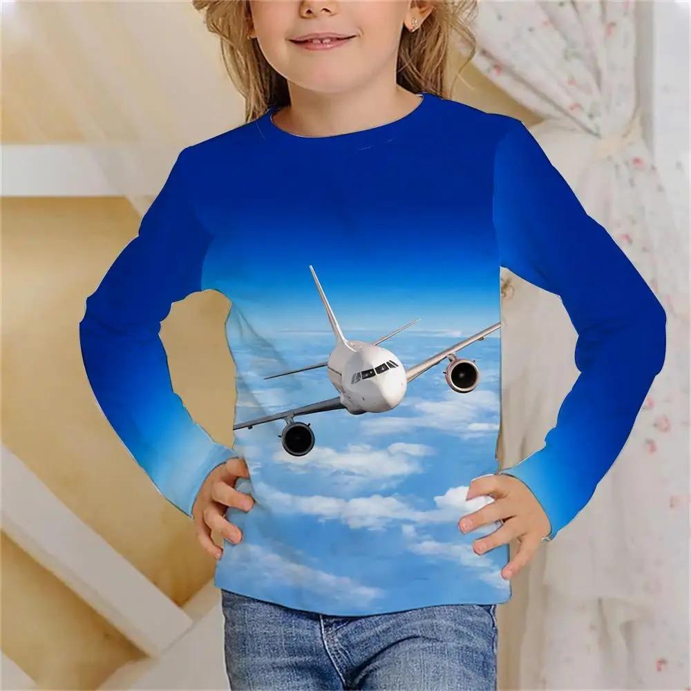 Children's Airplane 3D Digital Printing Girl Fun and Fashionable Round Neck Long Sleeved T-shirt