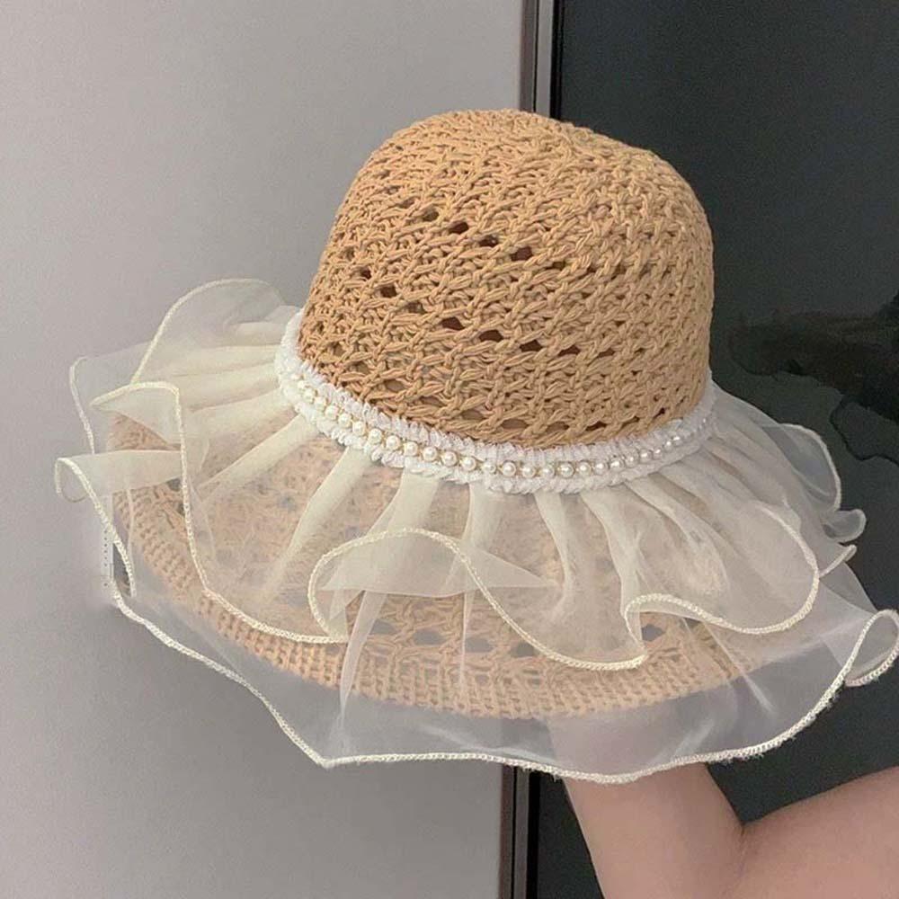 Breathable Lace Pearls Sun Cap Portable Big Brimmed Woven Cap Sweet Straw Weaving Beach Hat  Spring