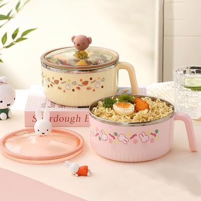 Круглая миска для лапши быстрого приготовления с крышкой, студенческая миска для риса, мультяшная, милая, портативная, миска для фаст-фуда, ланч-бокс