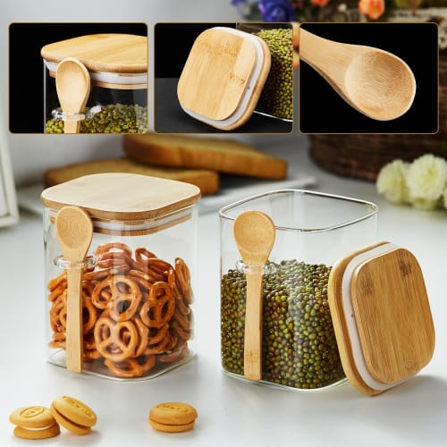 POKALOTEA Glass Canisters, Airtight, 900ml, Kitchen Glass Storage Containers, Set of 2, Heat-Resistant Glass Tea Canisters with Airtight Bamboo Lids a