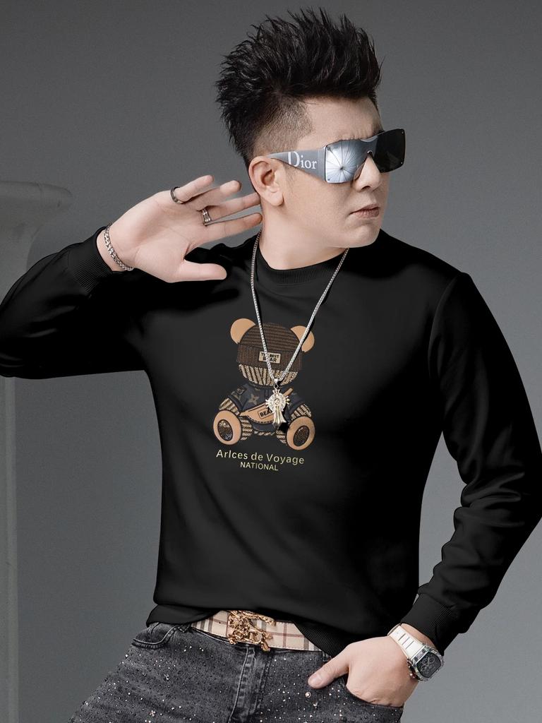 European Trendy Bear Embroidery Crew Neck Sweatshirt for Men 2025 New Autumn Long-Sleeve Pullover Top