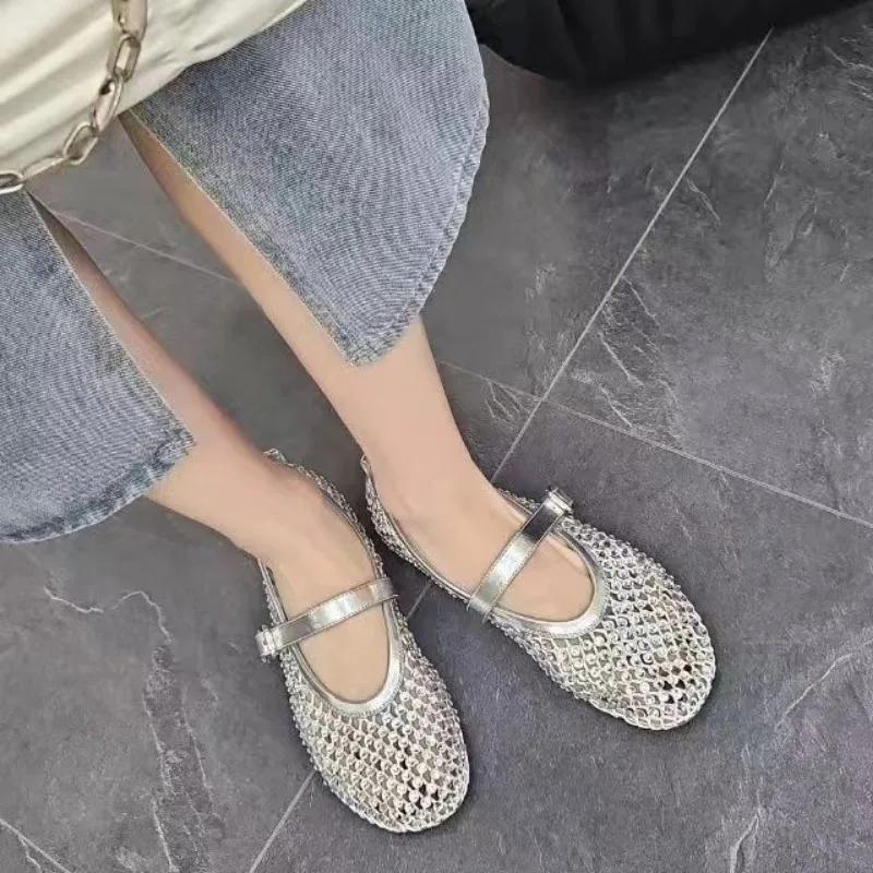 Fashion Summer New Women's Sandals Round Head Mesh Rhinestone Leisure Comfortable Lightweight Breathable Soft Soled Sandals
