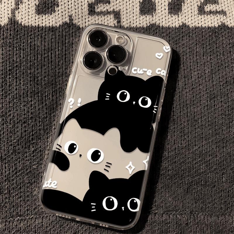 Черно-белая кошка Чехол для телефона для iPhone 12-17 Pro Max, Прозрачный и Мягкий