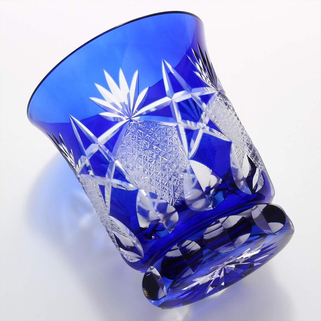 Sumida Edo Kirikokan Rocks Glass Indigo 280 мл Edo Kiriko Junichi Komata Warm Glass Five Star Flower and Chrysanthemum Connection Pattern FG4-1