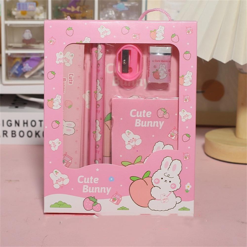 Portable 6-in-1 Stationery Set Cartoon Rabbit Bear Student Stationery Bag Pencil Eraser Sharpener Kindergarten School Supplies
