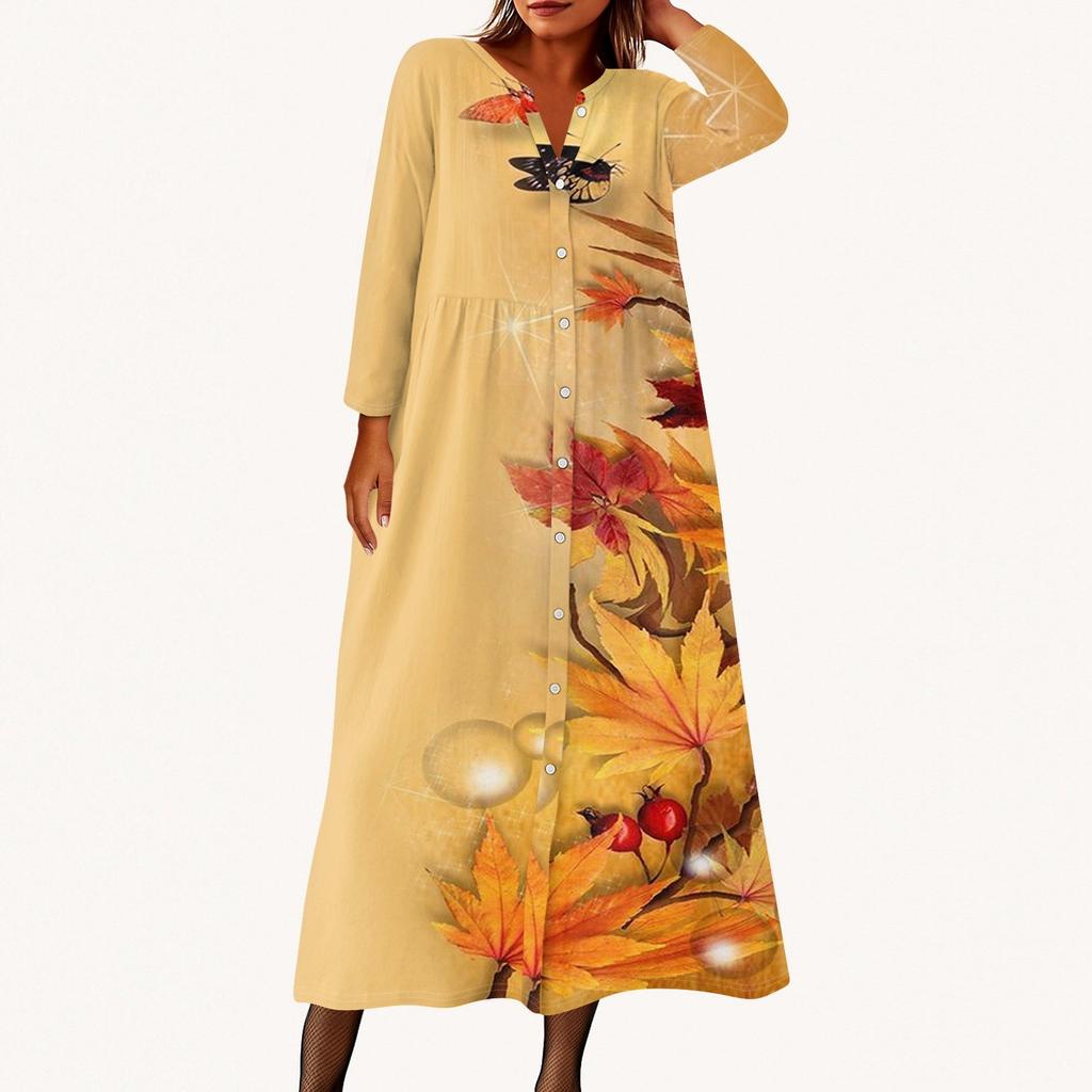 Женское модное платье-рубашка свободного кроя с принтом, круглым вырезом и рукавами семь четвертей на пуговицах