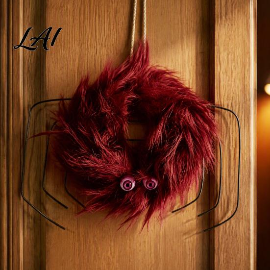 Halloween Wreath for Front Door Fluffy Door Cute Furry Spider Hanging Bat Cabin Props with Pom Poms Party Home Wall Fireplace Decor Fall Seasonal