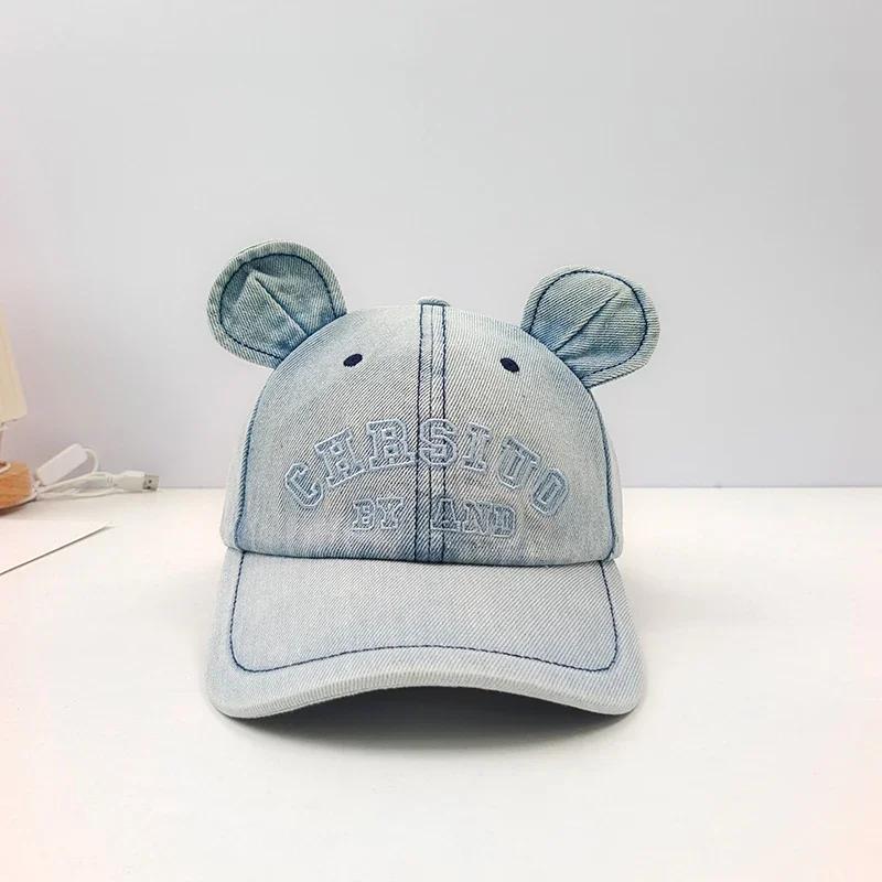Корейские бейсболки из ретро-джинса для мужчин и женщин, подходят для 4 сезонов, милые и сладкие вышитые хип-хоп-шляпы с медвежьими ушками