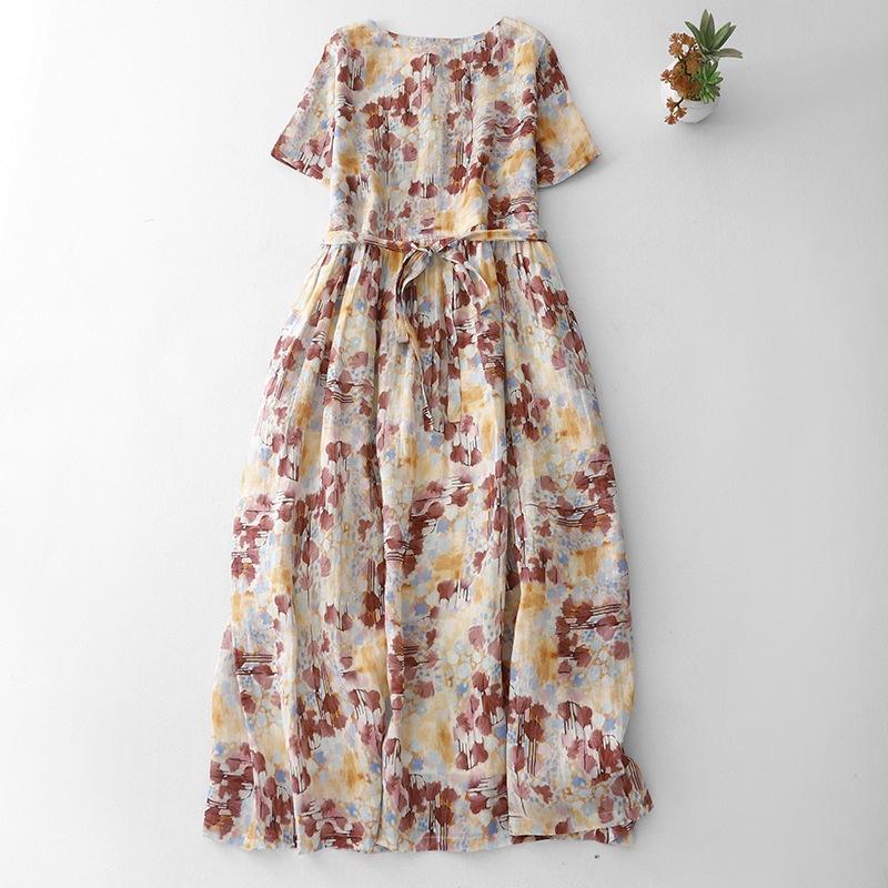 2025 весна и лето новый продукт круглый вырез короткий рукав с принтом хлопково-льняное платье женское зарубежный стиль мелкий цветочный миди и длинная юбка