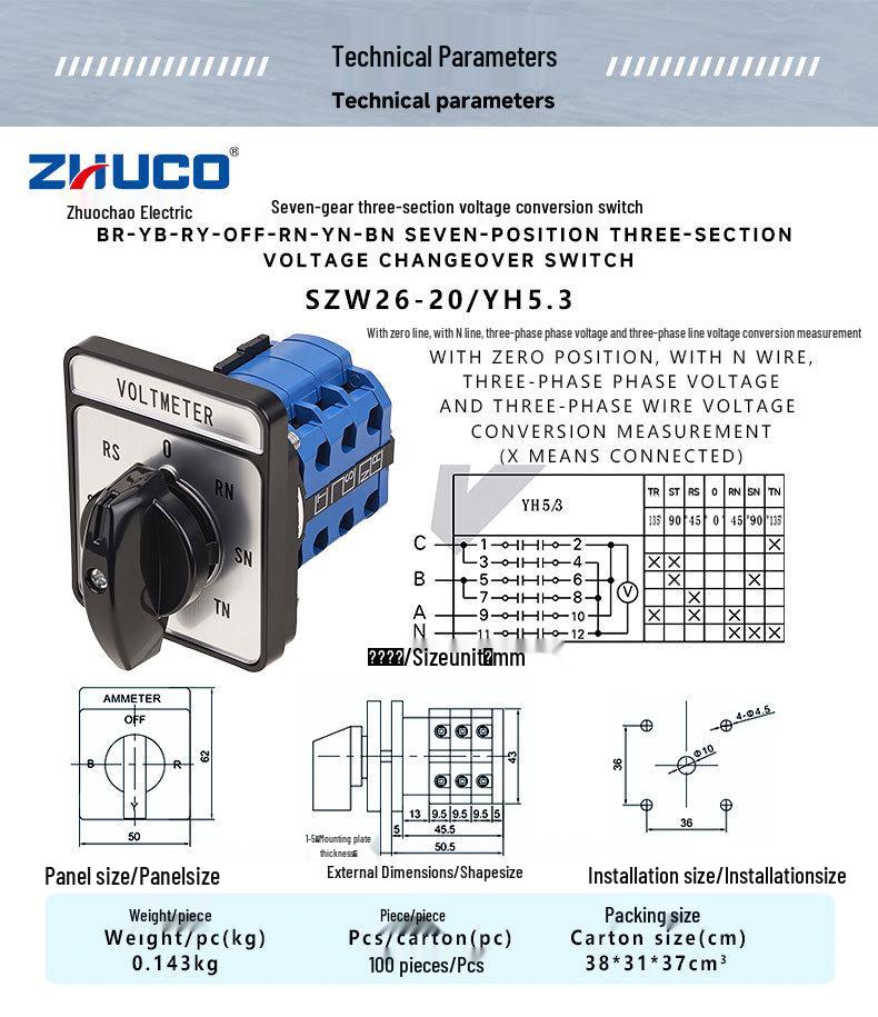 Zhuochao SZW26-20/YH5.3 Round Handle 3-Speed Voltage Conversion Switch