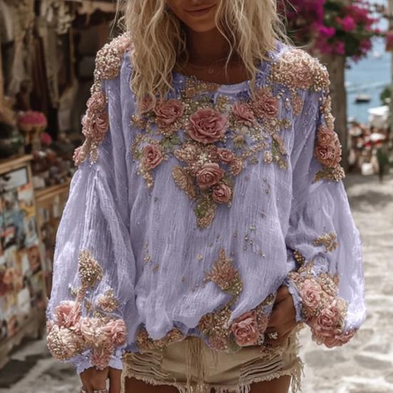 Women Tops V-Neck Lantern Long Sleeve Casual Loose Fit Shirt 3D Flower Pattern Casual Women Shirt Daily Wear