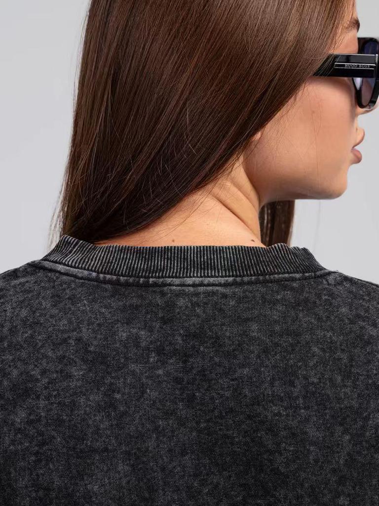 American Retro Distressed Washed Black Round Neck Women's Sweatshirt - 2025 Autumn/Winter Trendy Design.