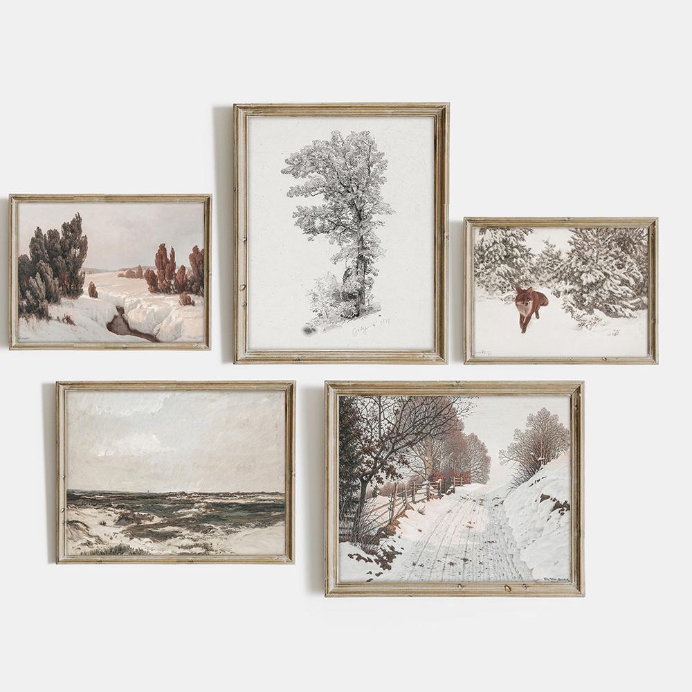Винтажный зимний пейзаж, настенная художественная галерея, плакат и принты, лесной фермерский дом, набор с принтами, холст, картина для гостиной, домашнее искусство