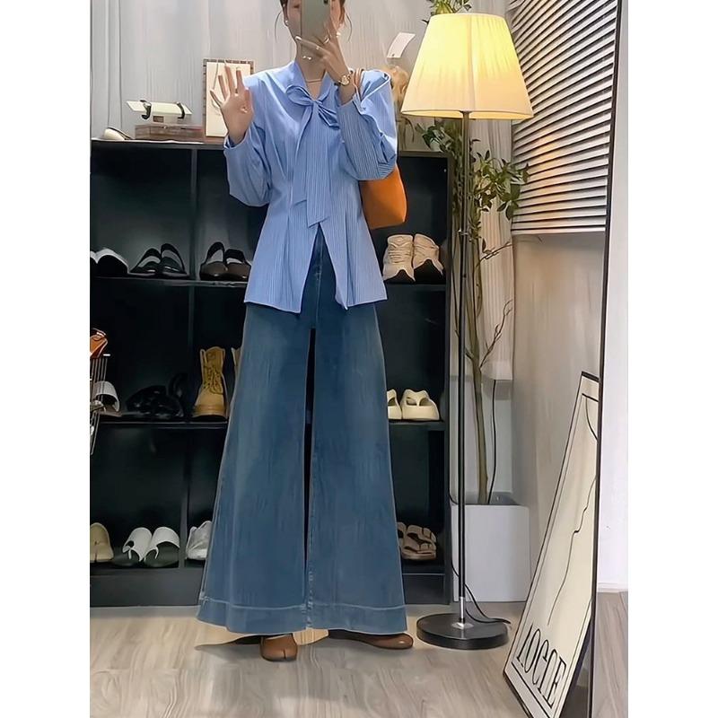 Женские полосатые синие рубашки с бантом, модные блузки с длинными рукавами, женские офисные весенние топы с защипами и талией