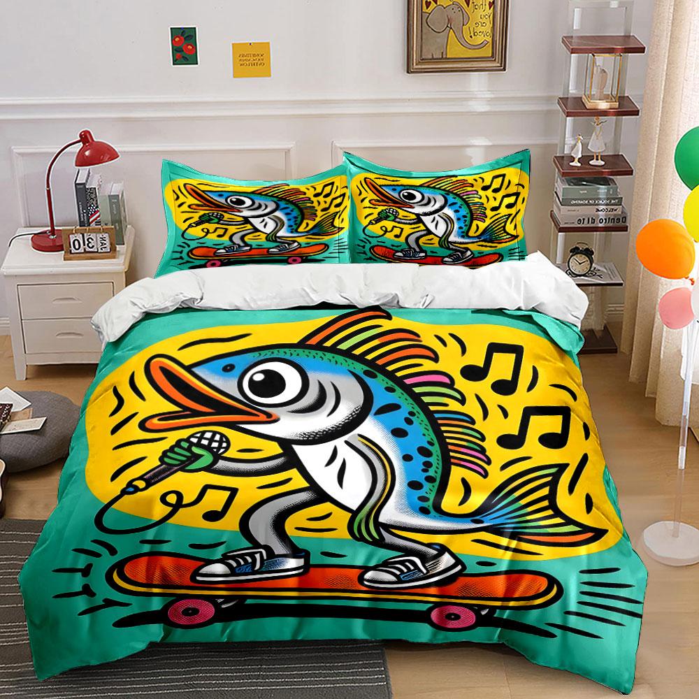 Skateboarding Singing Fish Art Bedding Duvet Cover Set (1*Duvet Cover 2*Pillowcases, without duvet insert)