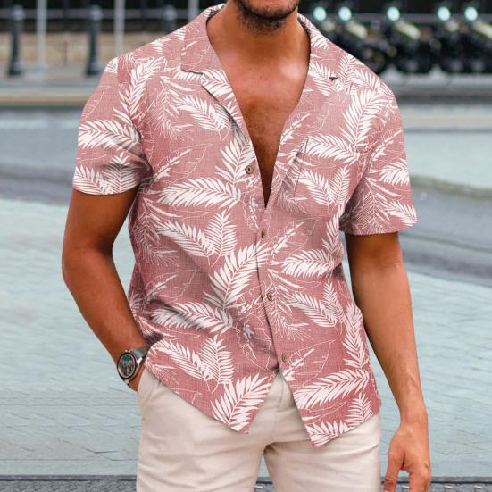 Мужская летняя рубашка с короткими рукавами и лацканами, однобортная тонкая гавайская пляжная повседневная рубашка с принтом листьев, уличная одежда