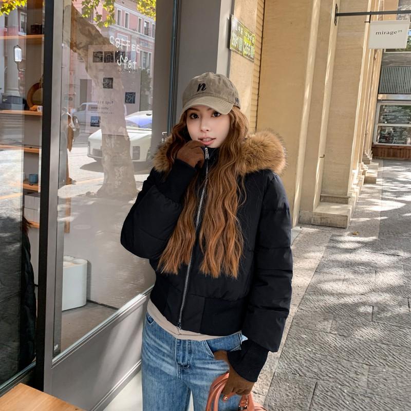 Womens Winter Cotton Coat With Faux Fur Collar Slim Fit Warm Short Parka