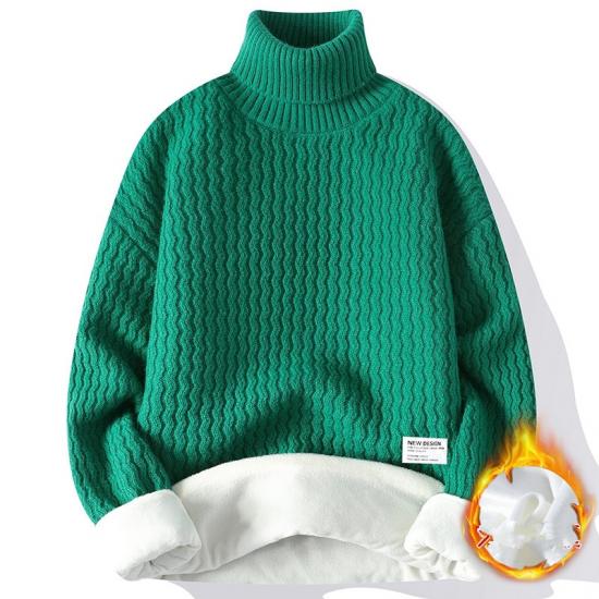 Winter Solid Color Fleece Lined Warm Turtleneck Knit Pullover Sweater Men Casual Knitwear