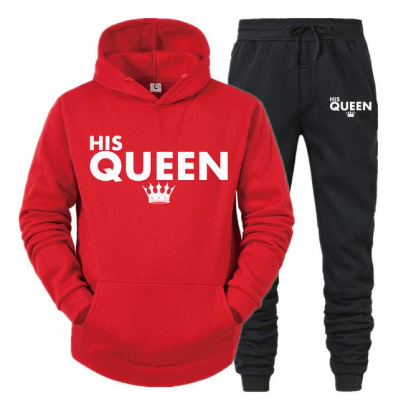 Lover Outfit Her QUEEN or His KING Printed Tracksuits Couple Hoodies Suits Hooded Sweatshirt and Sweatpants Two Piece Set S-4XL