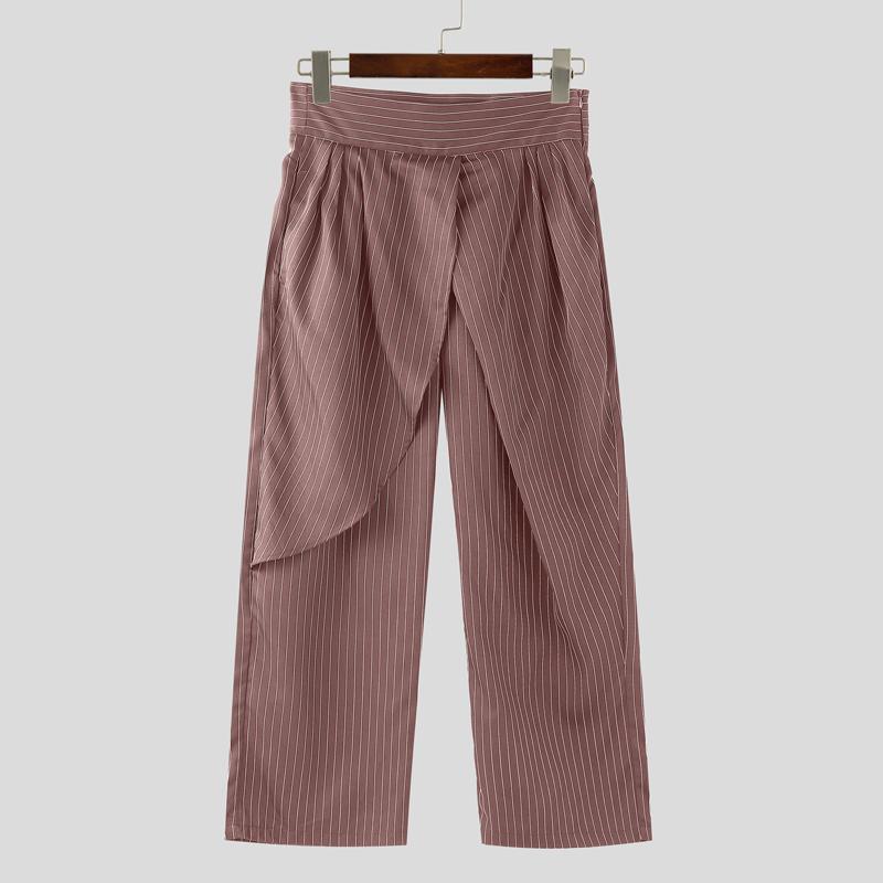 INCERUN Мужские повседневные длинные прямые брюки с застежкой-молнией на талии, неравномерные слои в полоску