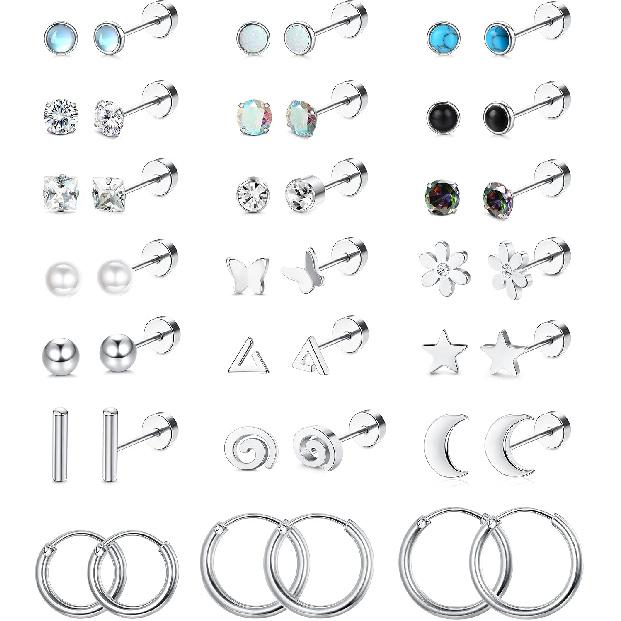 LOLIAS 21 Paris Stainless Surgical Steel Flat Back Earrings Hypoallergenic | 20G Cartilage Earring Stacks,Screw Back Nap Flatback Stud Earrings for